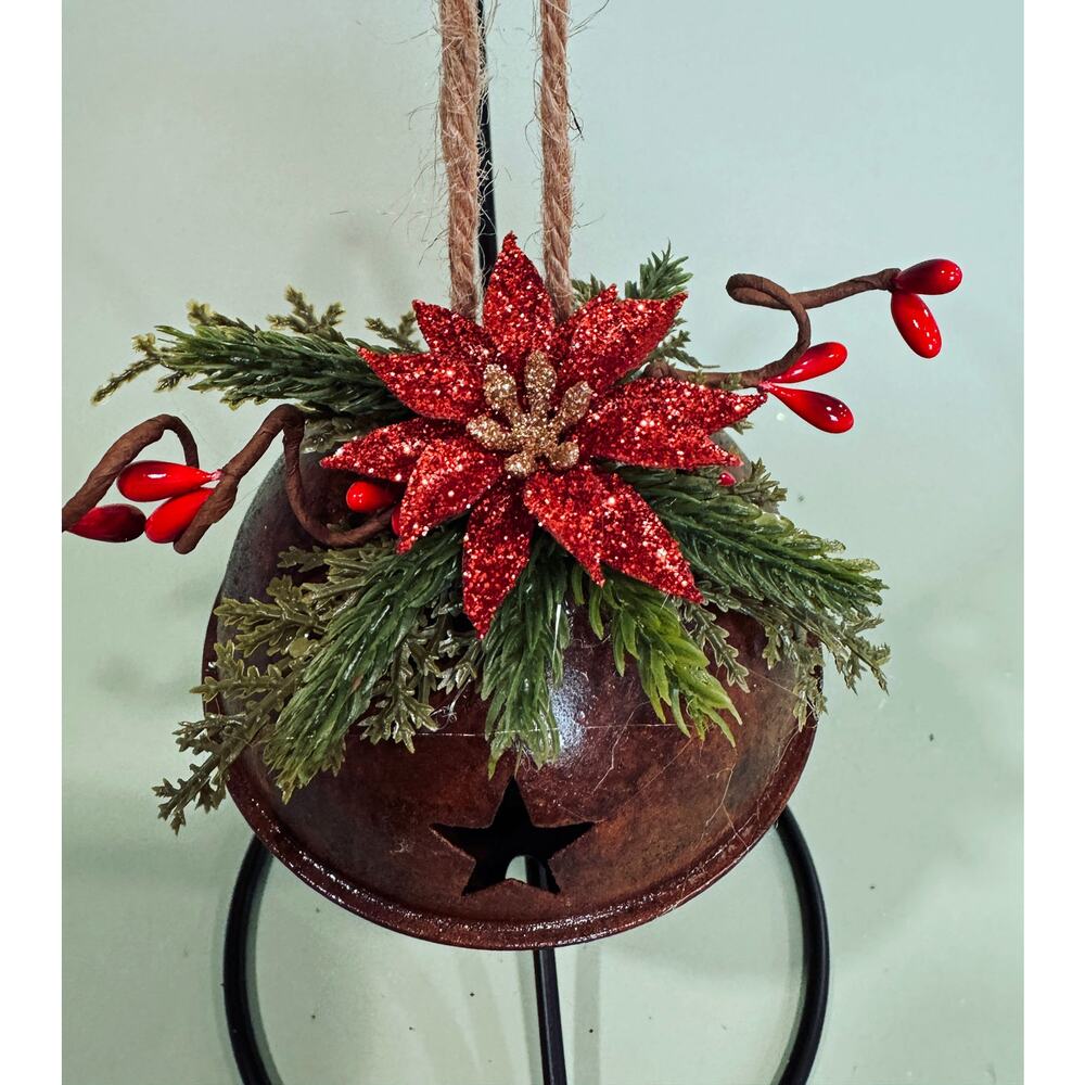 Price Reduced Rustic Rusty Bell Christmas Glitter Poinsettia CO18 - Picture 2 of 5